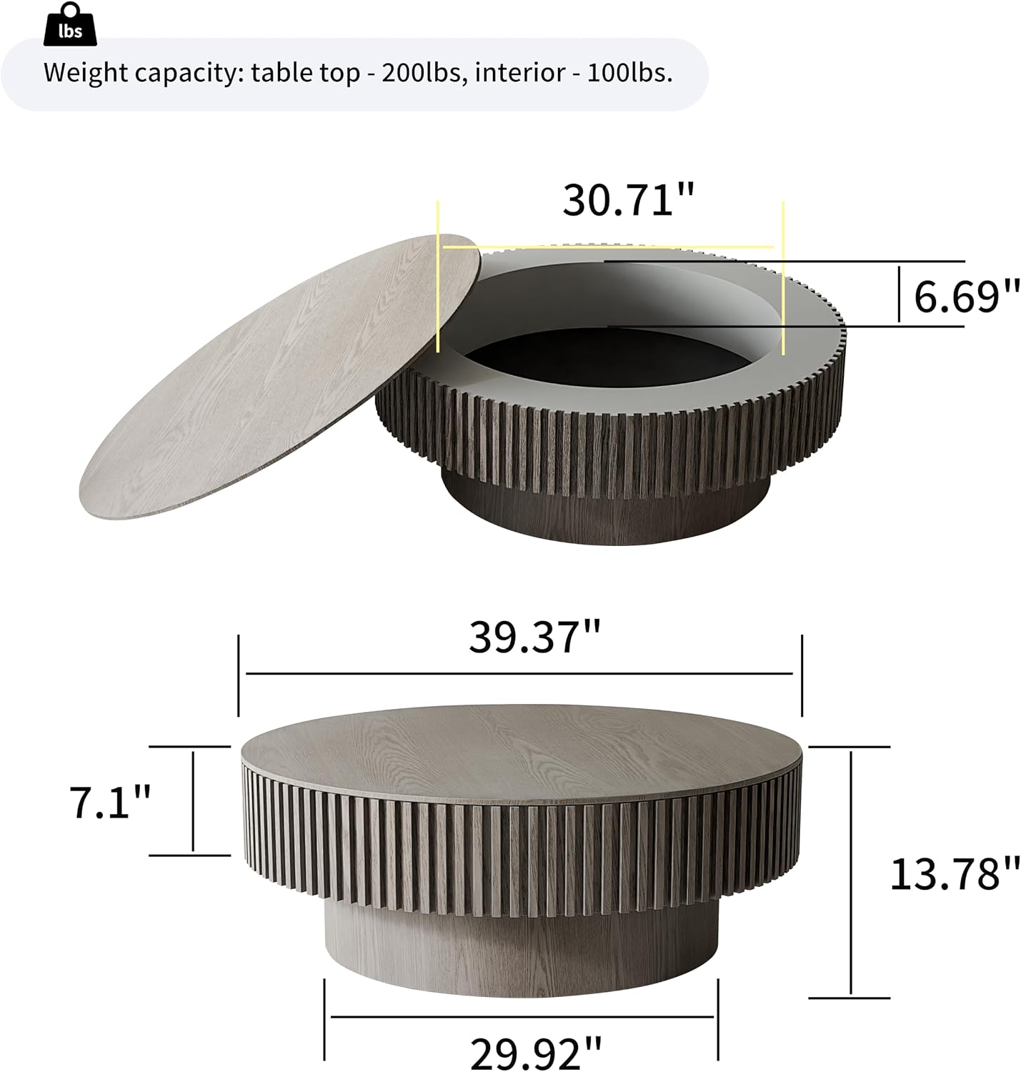 39.37'' Round Coffee Table with Storage, Solid Wood Veneered Modern Drum Coffee Table Accent Tea Table for Living Room, Bedroom, Apartment or Office-Gray