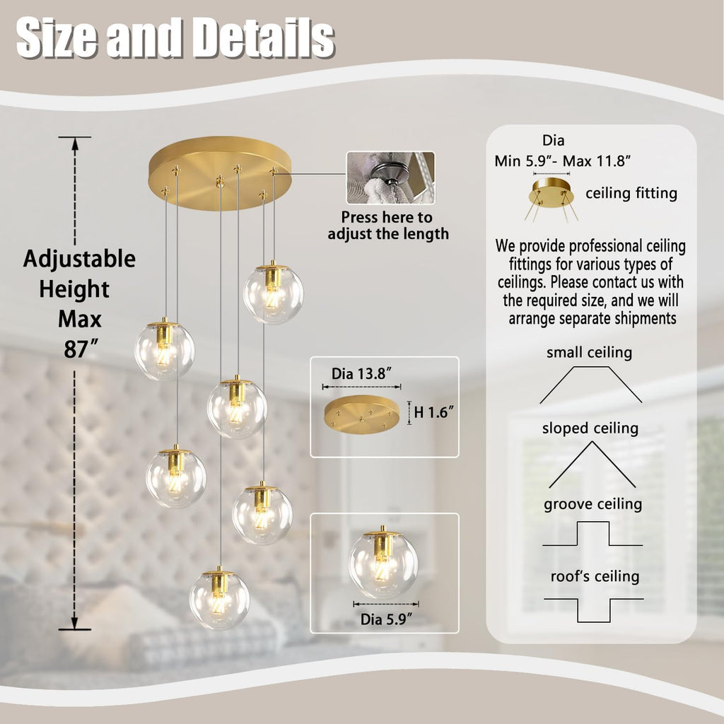 ykolupty 6-Light LED Staircase Modern Glass Globe Pendant Light Gold Chandeliers Large Chandeliers for High Ceilings, Entryway Lighting Fixture Villas and Stairs