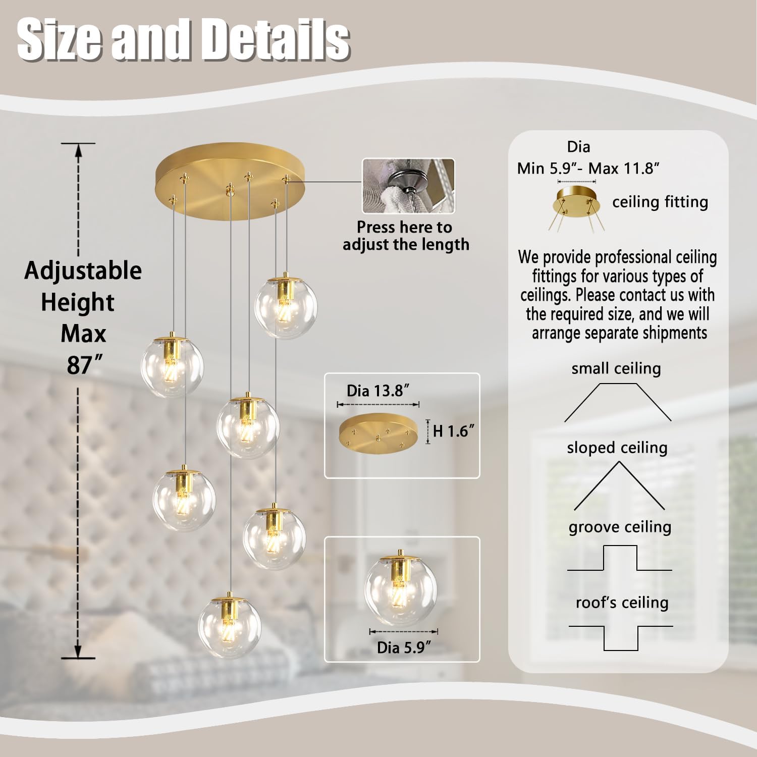 ykolupty 6-Light LED Staircase Modern Glass Globe Pendant Light Gold Chandeliers Large Chandeliers for High Ceilings, Entryway Lighting Fixture Villas and Stairs