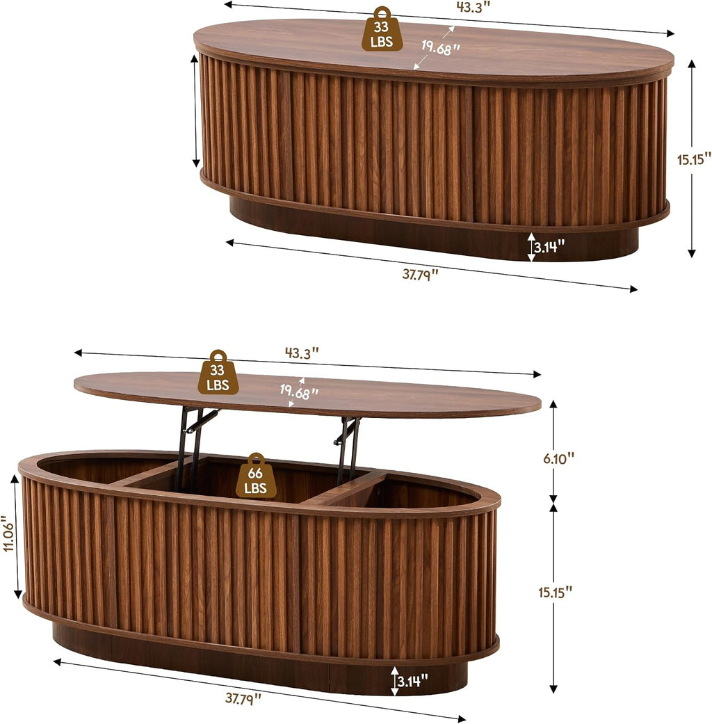 Oval Coffee Table, 43.3'' Fluted Lift Top Coffee Table with Hidden Storage Compartment, Mid Century Modern Dining Table Wooden Center Table for Living Room, Office, Small Spaces (Walnut)