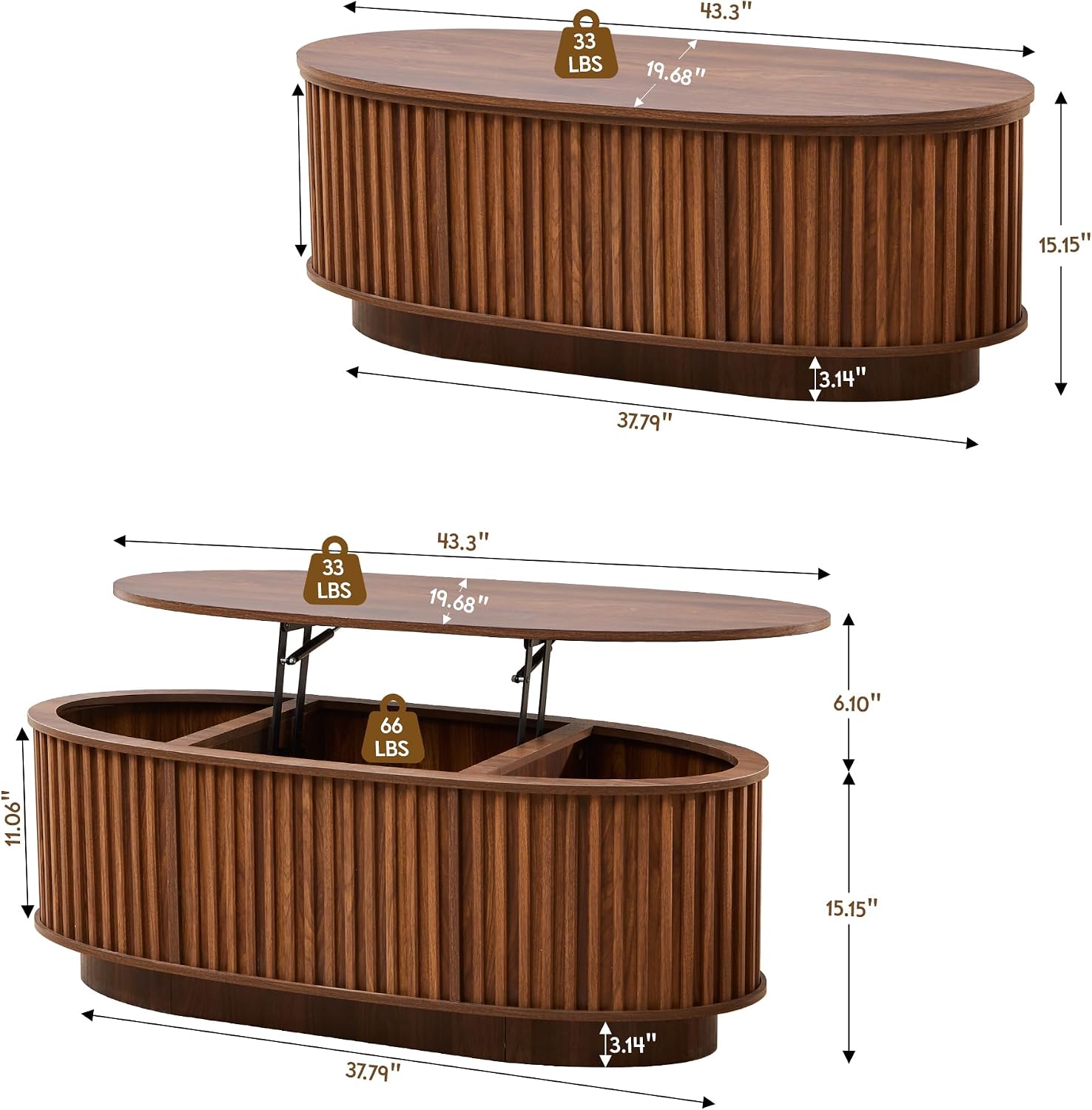 Oval Coffee Table, 43.3'' Fluted Lift Top Coffee Table with Hidden Storage Compartment, Mid Century Modern Dining Table Wooden Center Table for Living Room, Office, Small Spaces (Walnut)