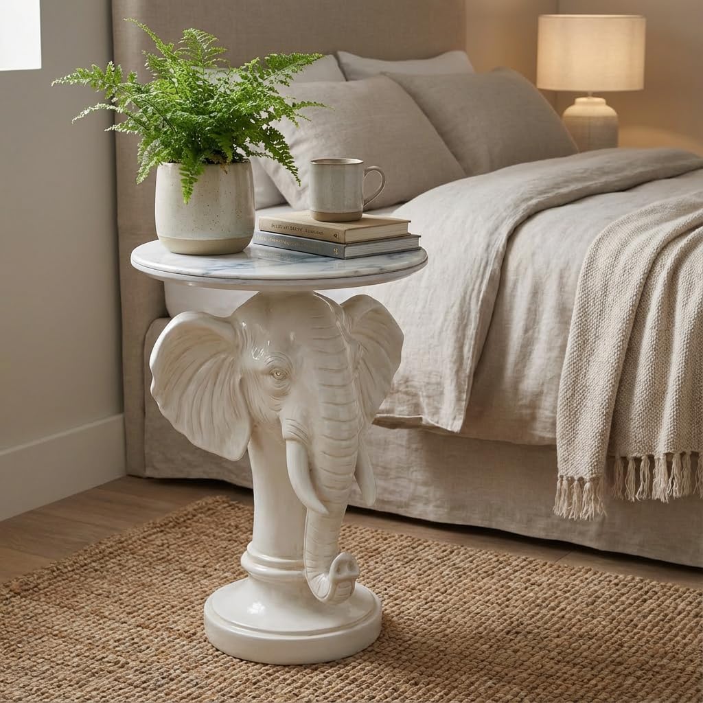 Modern Accent Table with Elephant Ornament Base, Minimalist Faux Marble End Table for Living Room Reception Area & Bedroom, 19.69 Inches Wide × 25.98 Inches High