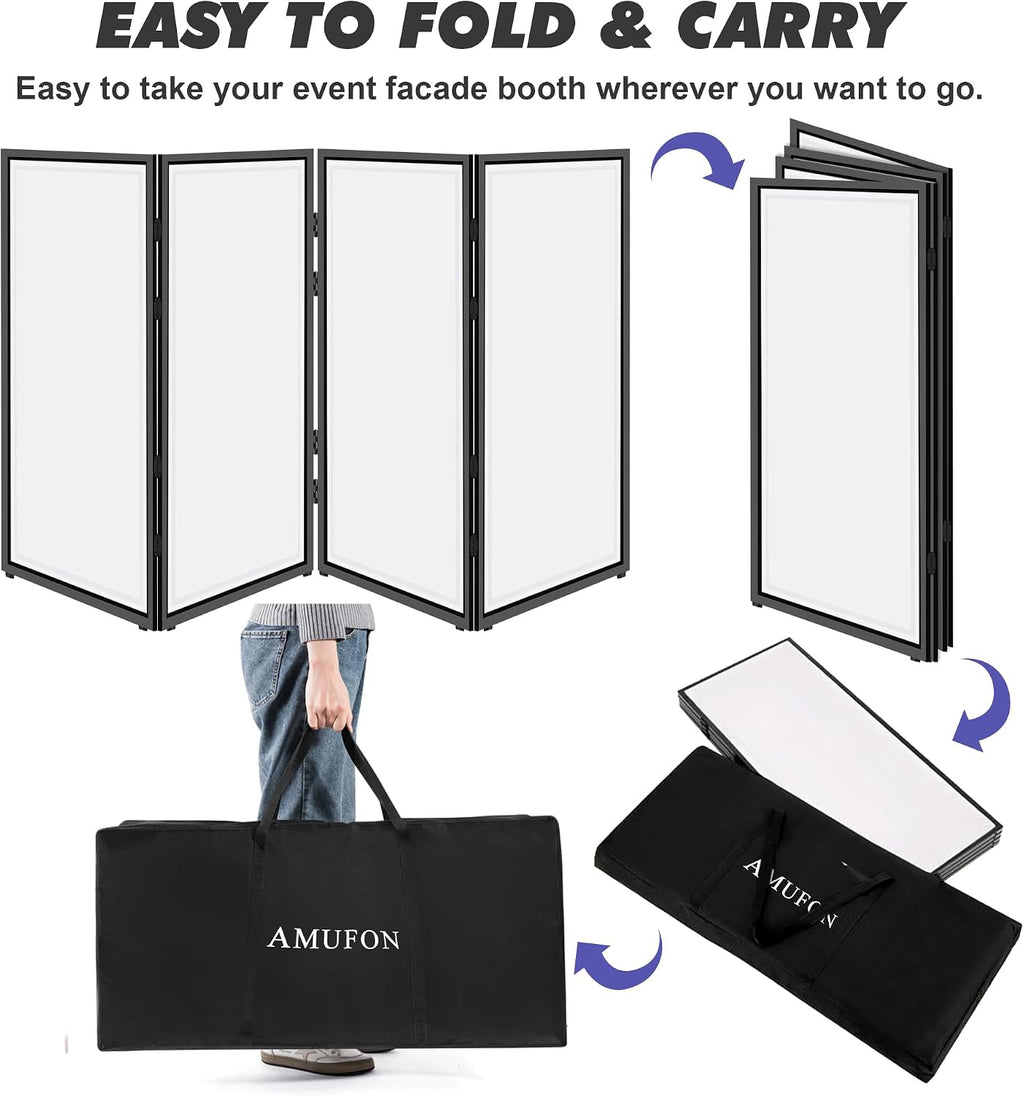 DJ Facade Booth, DJ Stand Portable Event Cover Screen with Foldable 4 Detachable Metal Frame Light Projector Display Scrim Panel Stand with Carry Bag for Party,Show,Gathering(White and Black)