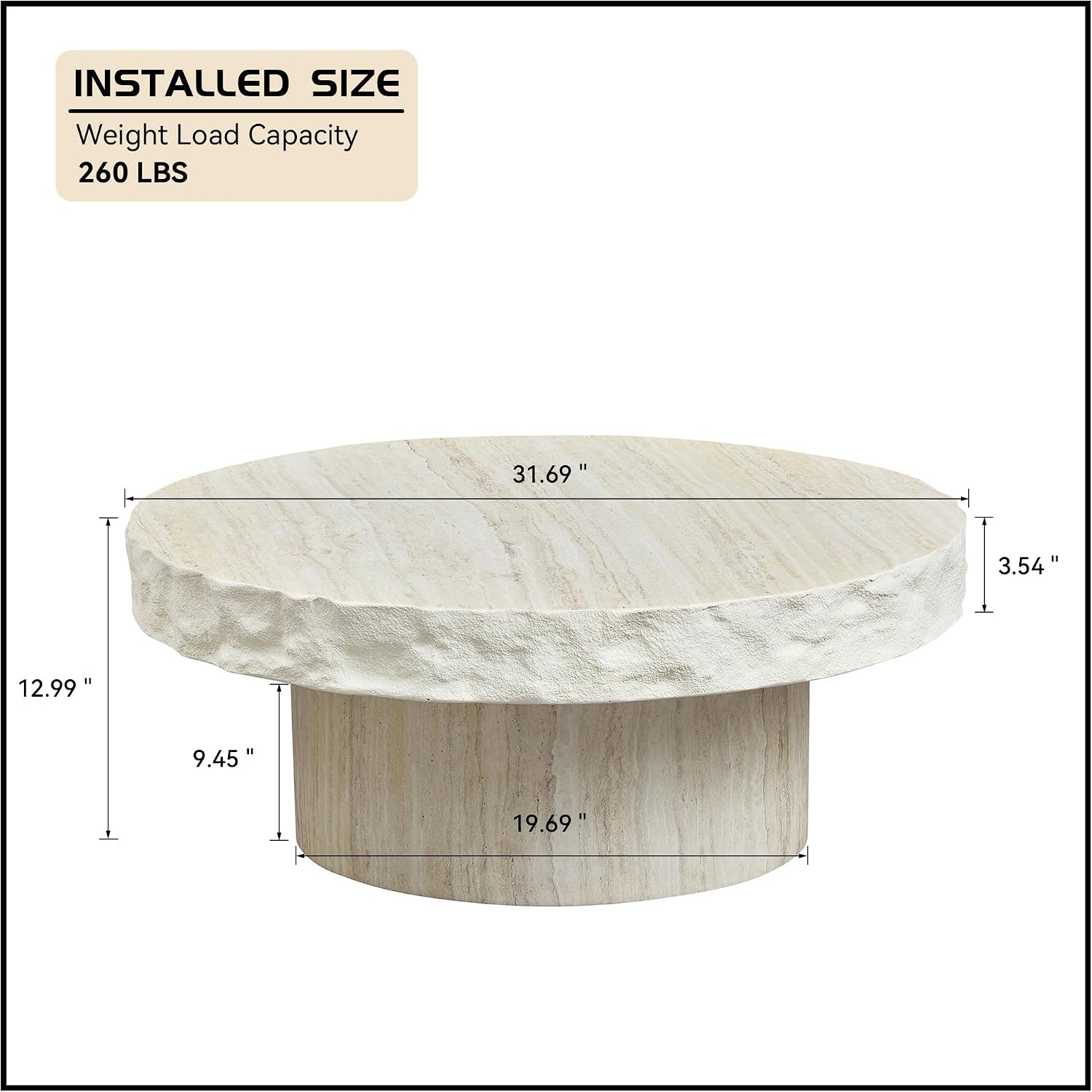 Round Coffee Table, 31.69' Fiberglass Faux Marble Pattern Imitation Stone Table Cement Center Table for Living Room Apartment