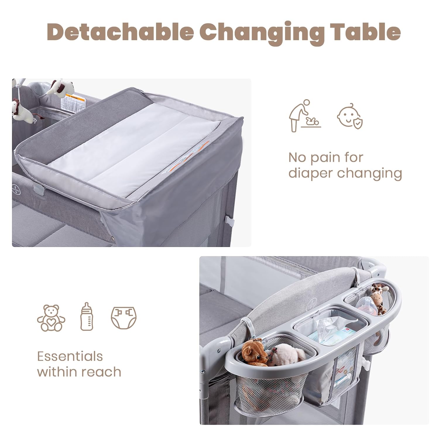 Rinnebbit Baby Bassinets Bedside Sleeper, 4 in 1 Portable Bedside Crib w/Mattress, Diaper Changer, Storage Basket, Music Box, Carry Bag, Foldable Playard Sleeper for Newborn (Light Gray)