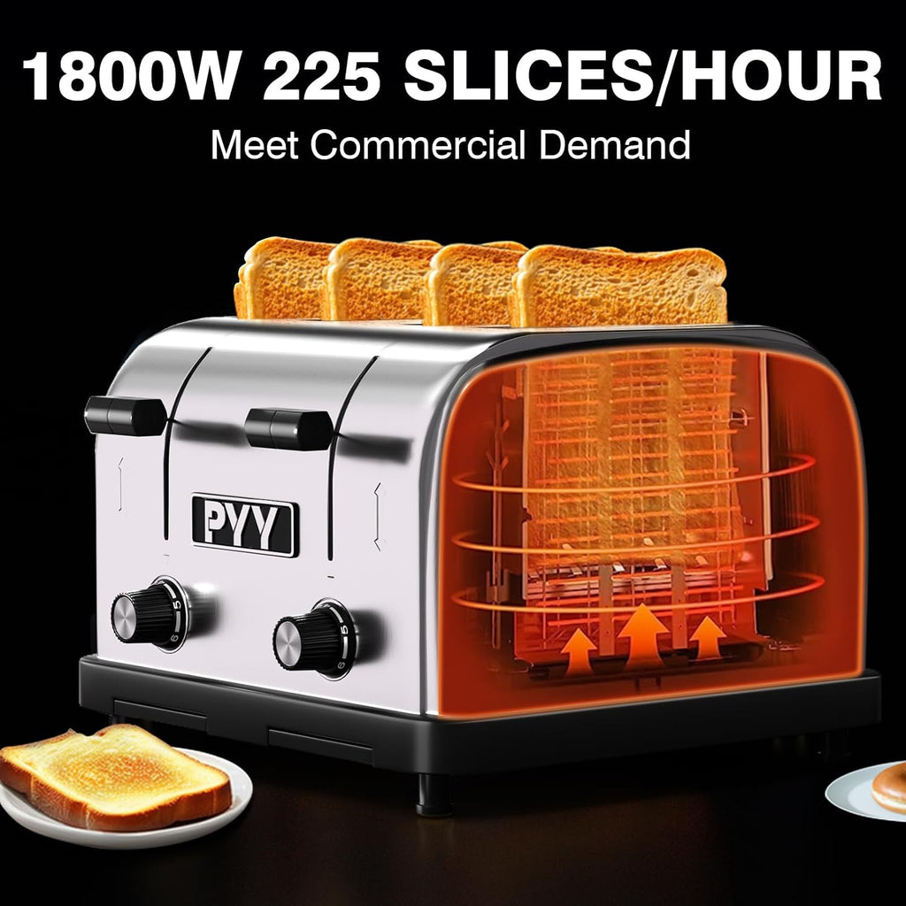 PYY Professional Commercial Toaster 4 Slice - 1800W Stainless Steel Heavy Duty Toaster, 6 Browning Levels, 1.57' Wide Slots, Removable Crumb Tray for Bagels Bread Waffles (Commercial & Home Use)