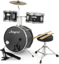 3-Piece Beginner Drum Set, Beginner Drum Set,with Bass Tom Snare Drum, 14 Inch Drum Kit with Snare, Cymbal, Drumsticks, Adjustable Seat (Metallic Black)