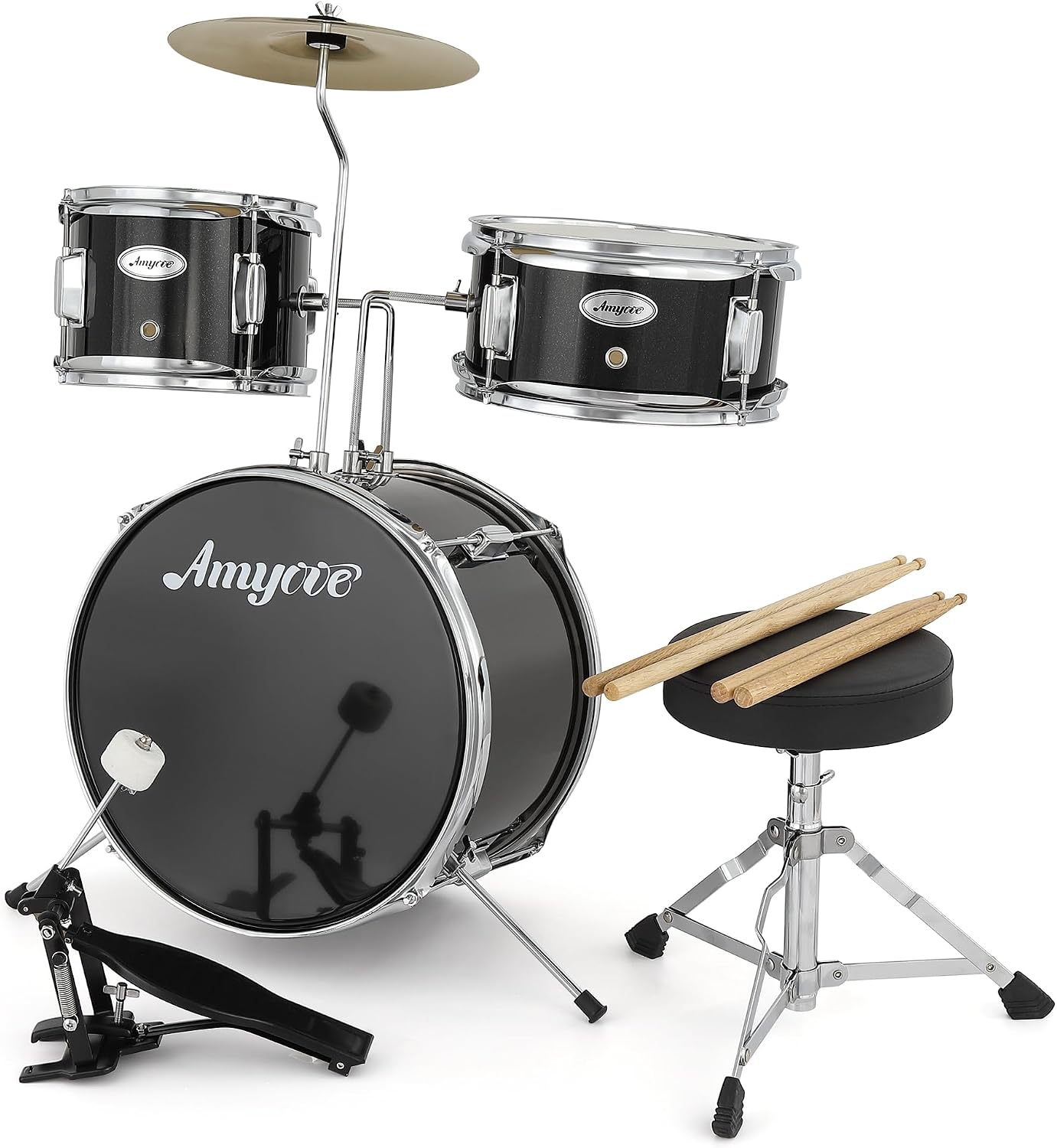 3-Piece Beginner Drum Set, Beginner Drum Set,with Bass Tom Snare Drum, 14 Inch Drum Kit with Snare, Cymbal, Drumsticks, Adjustable Seat (Metallic Black)