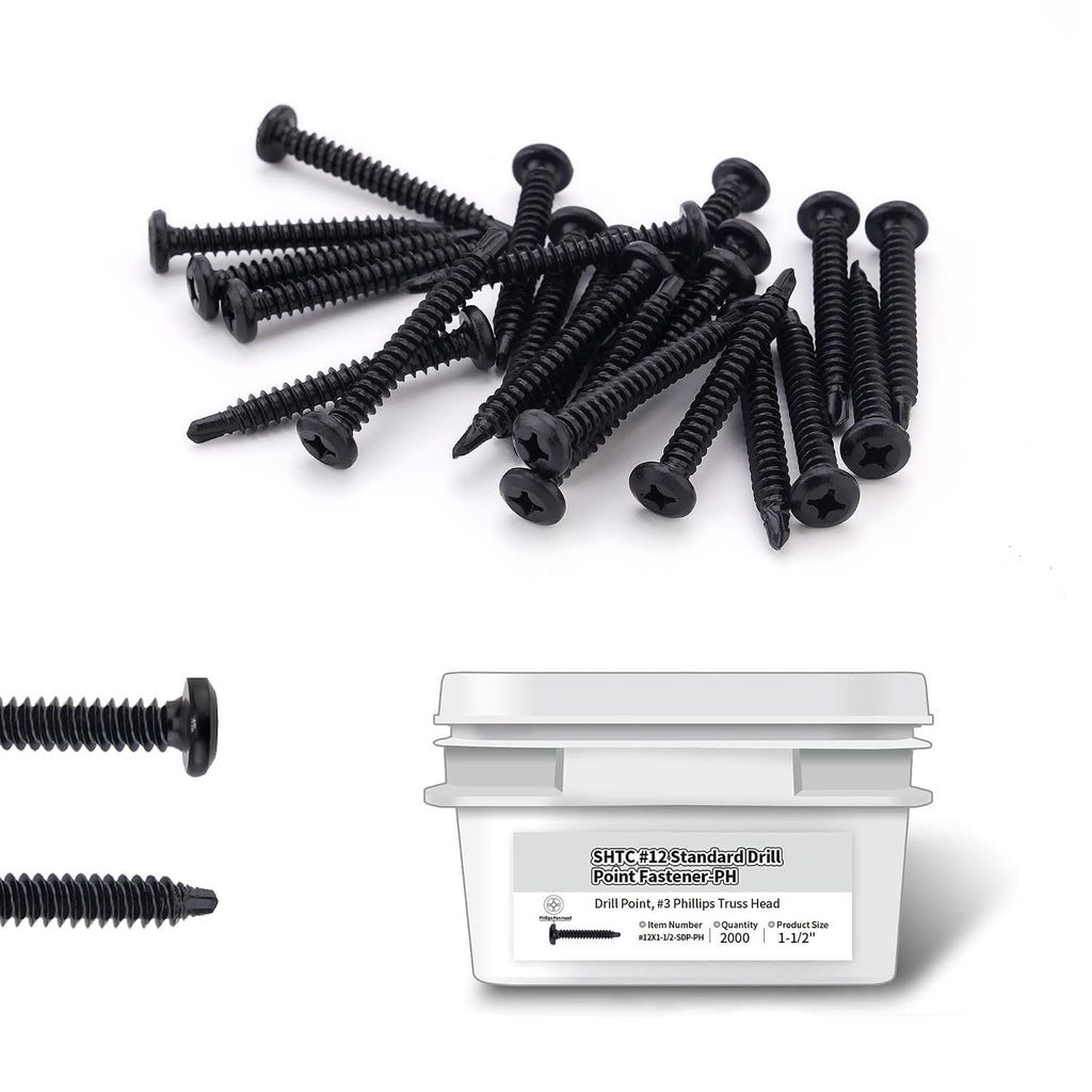 #12x1-1/2″ Carbon Steel Roofing Screws - 2,000pc Phillips Truss Head Self Drilling Metal Screws for Sheet Metal Tools and Insulation Fastening