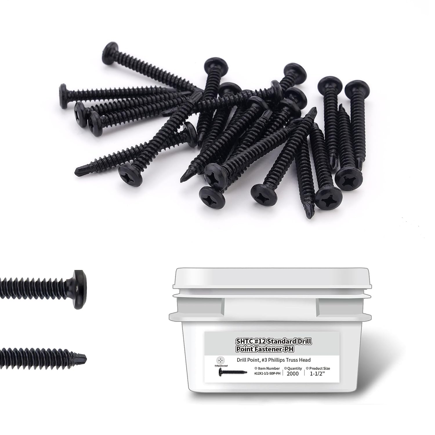 #12x1-1/2″ Carbon Steel Roofing Screws - 2,000pc Phillips Truss Head Self Drilling Metal Screws for Sheet Metal Tools and Insulation Fastening
