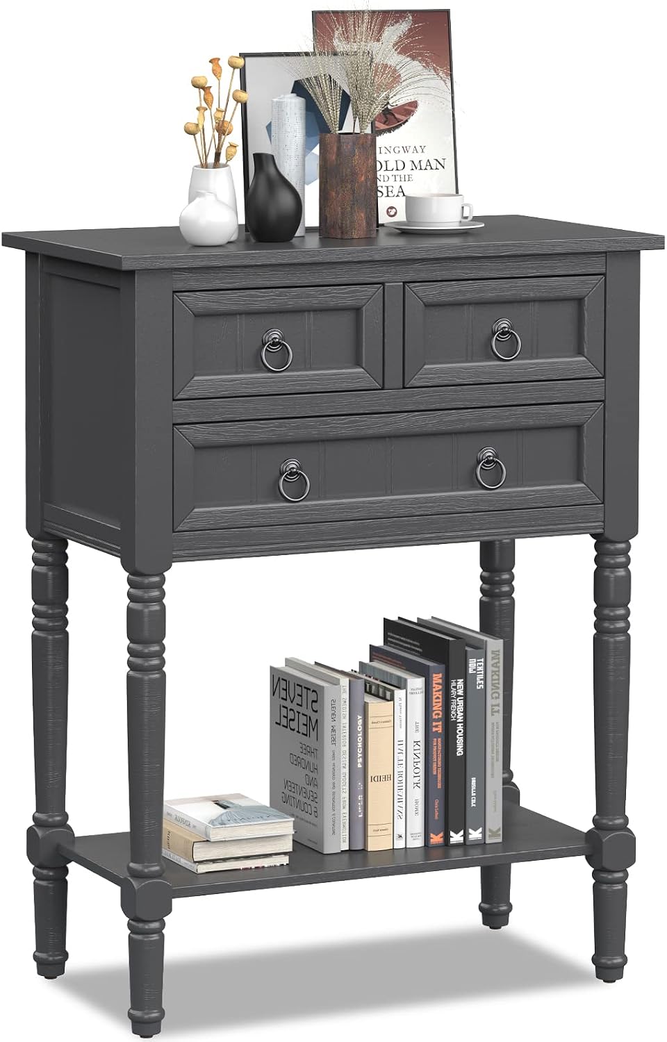Giantex Console Table with 3 Drawers, 24' Rustic Entryway Table with Storage, Open Bottom Shelf, Compact Hallway Table, Small Sofa Side Table for Living Room, Bedroom, Narrow Entry Table, Gray