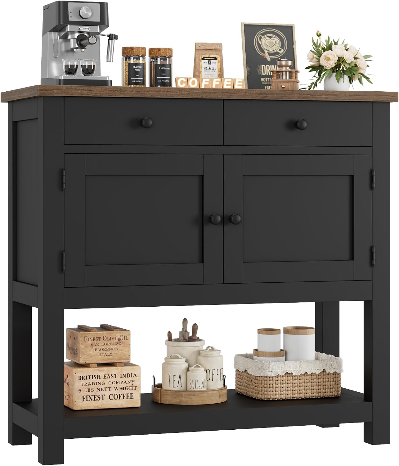 HOSTACK Farmhouse Console Table with 2-Door Cabinet & 2 Drawers, Coffee Bar, Entryway Table with Storage Shelf, Sofa Tables Buffet Sideboard for Kitchen, Hallway, Dining, Living Room, Black