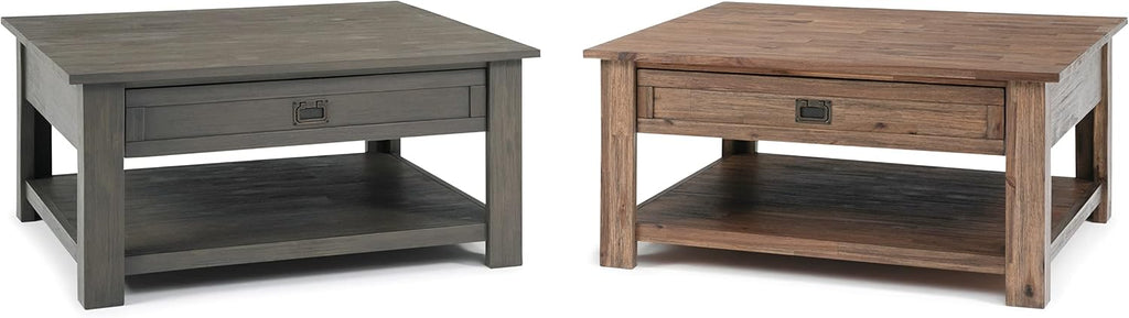 SIMPLIHOME Monroe Square Coffee Table - 38' Wide x 19' High Solid Acacia Wood Living Room Table in Farmhouse Grey, Rustic Cocktail Table for Family Room or Lounge with 2 Drawers and Open Shelf