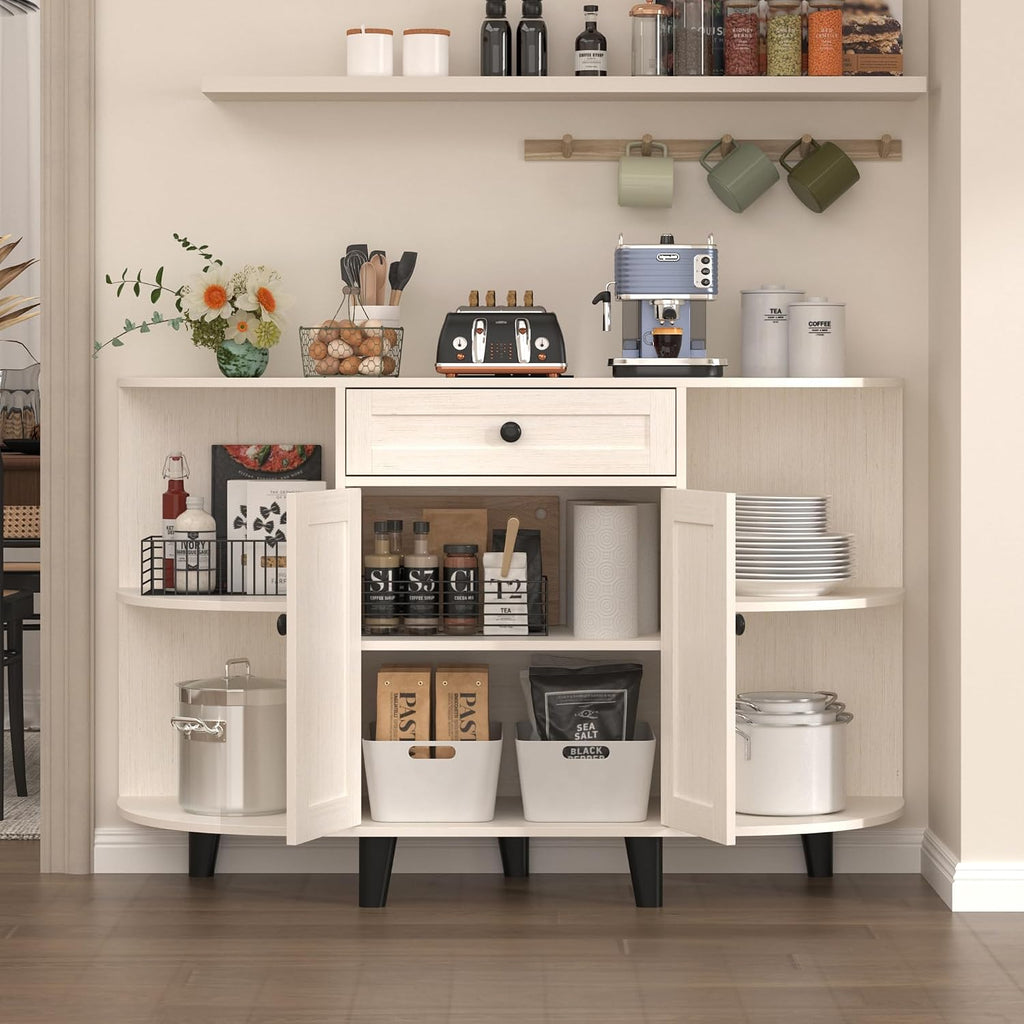 52' Sideboard Buffet Cabinet with Power Outlet,Coffee Bar Cabinet with Storage, 3 AC Outlets & 2 USB Ports,Kitchen Storage Cabinet with Drawer and Doors for Dining Room,(White)