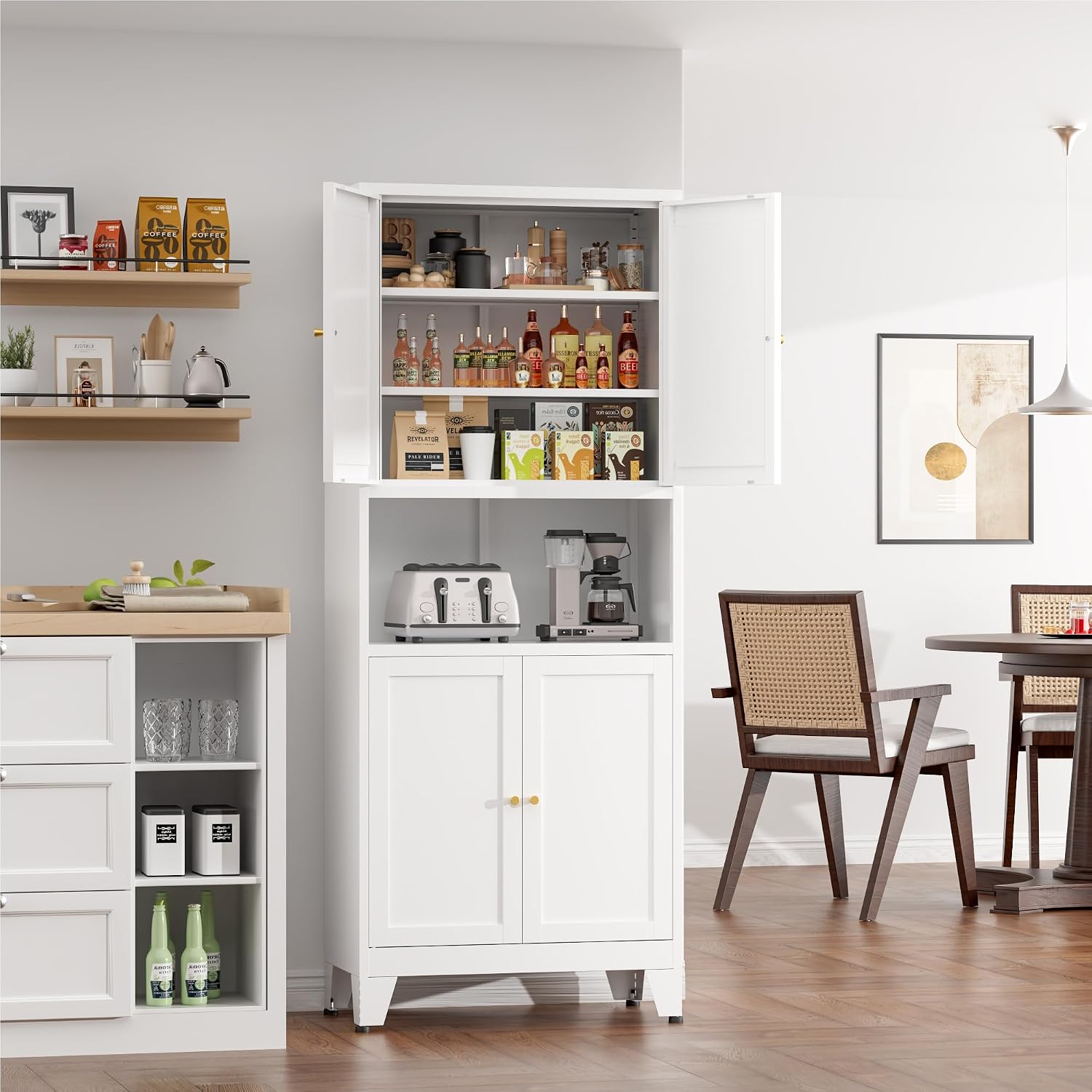 COFaR 69' Tall Modern Kitchen Pantry,Metal Storage Cabinet with Shelves ＆ Glass Doors for Display,Pantry Storage Cabinet,Freestanding Cupboard for Kitchen,Dining Room,Living Room,Bathroom,White