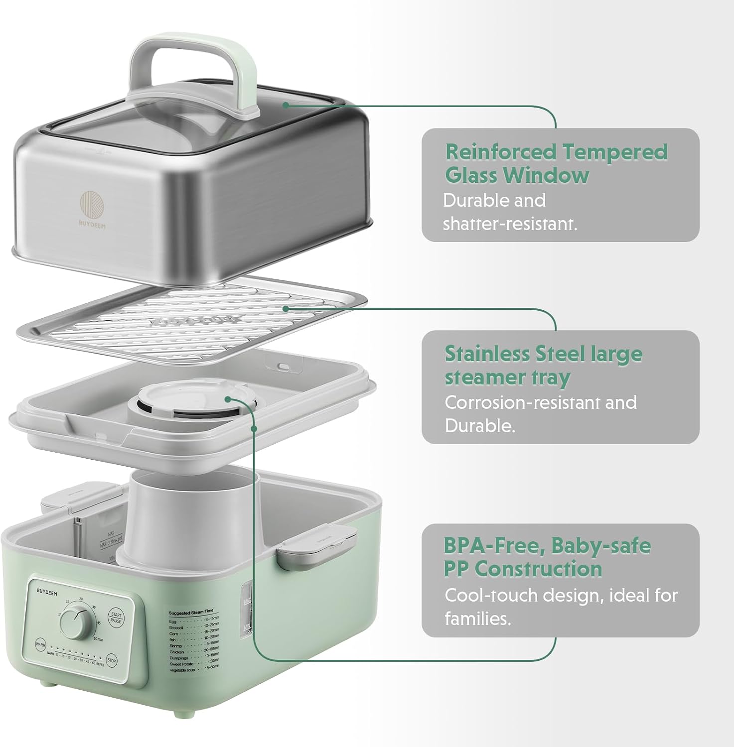 BUYDEEM G52 5.3 Quart Electric Food Steamer for 1-3 Servings, Vegetable Steamer for Cooking, 2-hour Keep Warm, 7 Preset Timings, Dual Boil-Dry Protection, Stainless Steel, Cozy Greenish