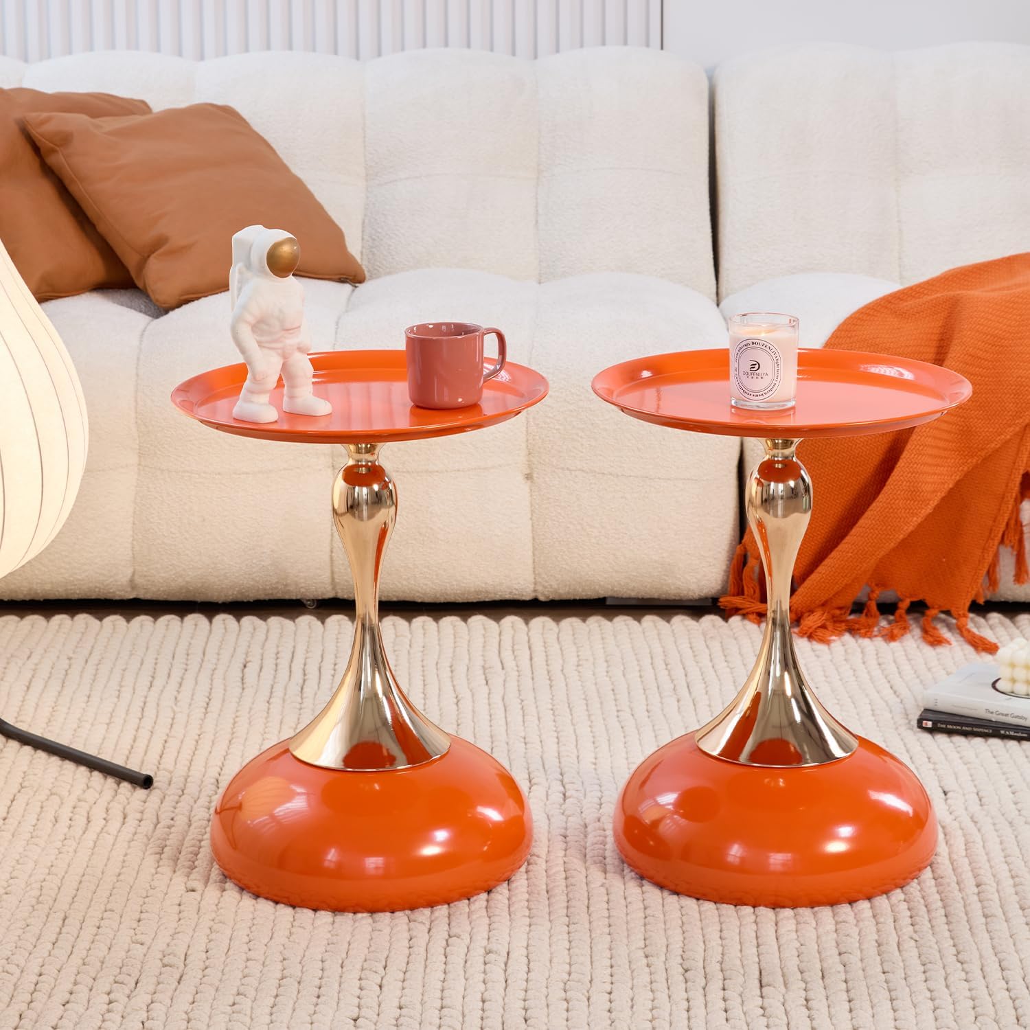 2-Pack Sleek Hourglass Side Table - Modern Stylish Hermes Orange Accent Table | Glossy Finish & Chic Metallic Detail - Ideal for Living Room, Bedroom, Cafe & Home Decor Spaces