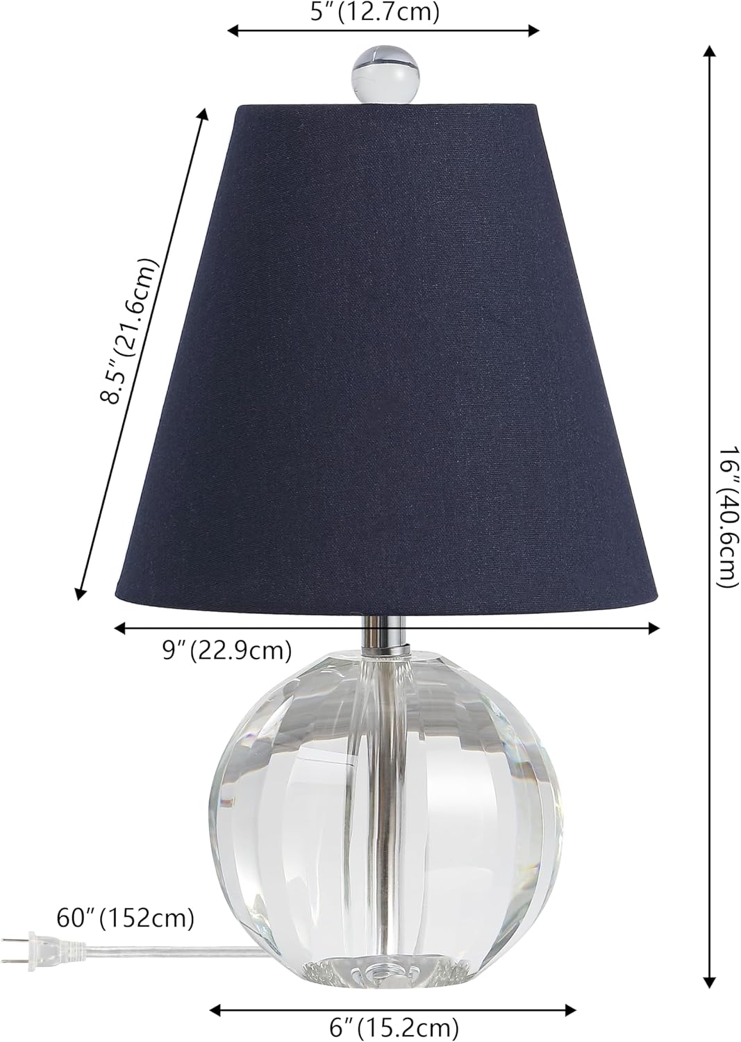 JONATHAN Y 16' Clear/Navy Crystal Ball LED Table Lamp, White Modern Bedside Lamp, with White Linen Empire Shade, Glam Orb Glass Nightstand Lamp for Living Room, LED Bulb (JYL2079D)