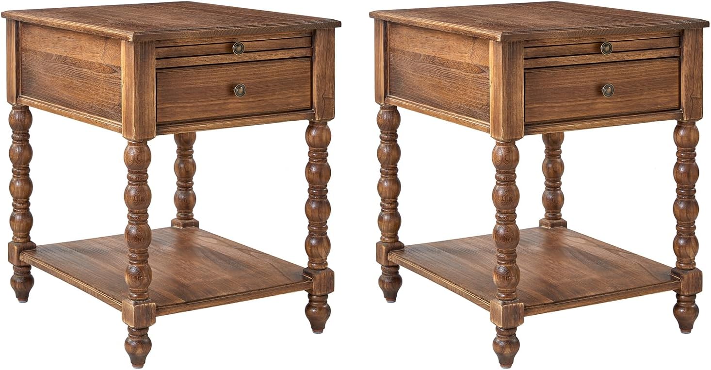 HULALA HOME Spindle Nightstands with Charging Station, Solid Wood Nightstand with Drawer Shelf, Side Table with Pull-Out Shelf (2, Walnut)