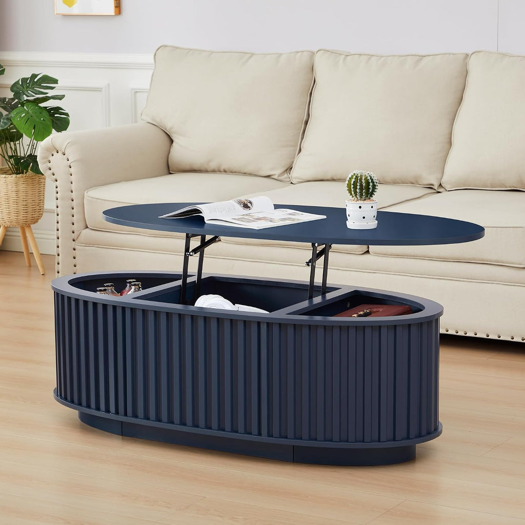 Oval Coffee Table, 43.3'' Fluted Lift Top Coffee Table with Hidden Storage Compartment, Mid Century Modern Dining Table Wooden Center Table for Living Room, Office, Small Spaces