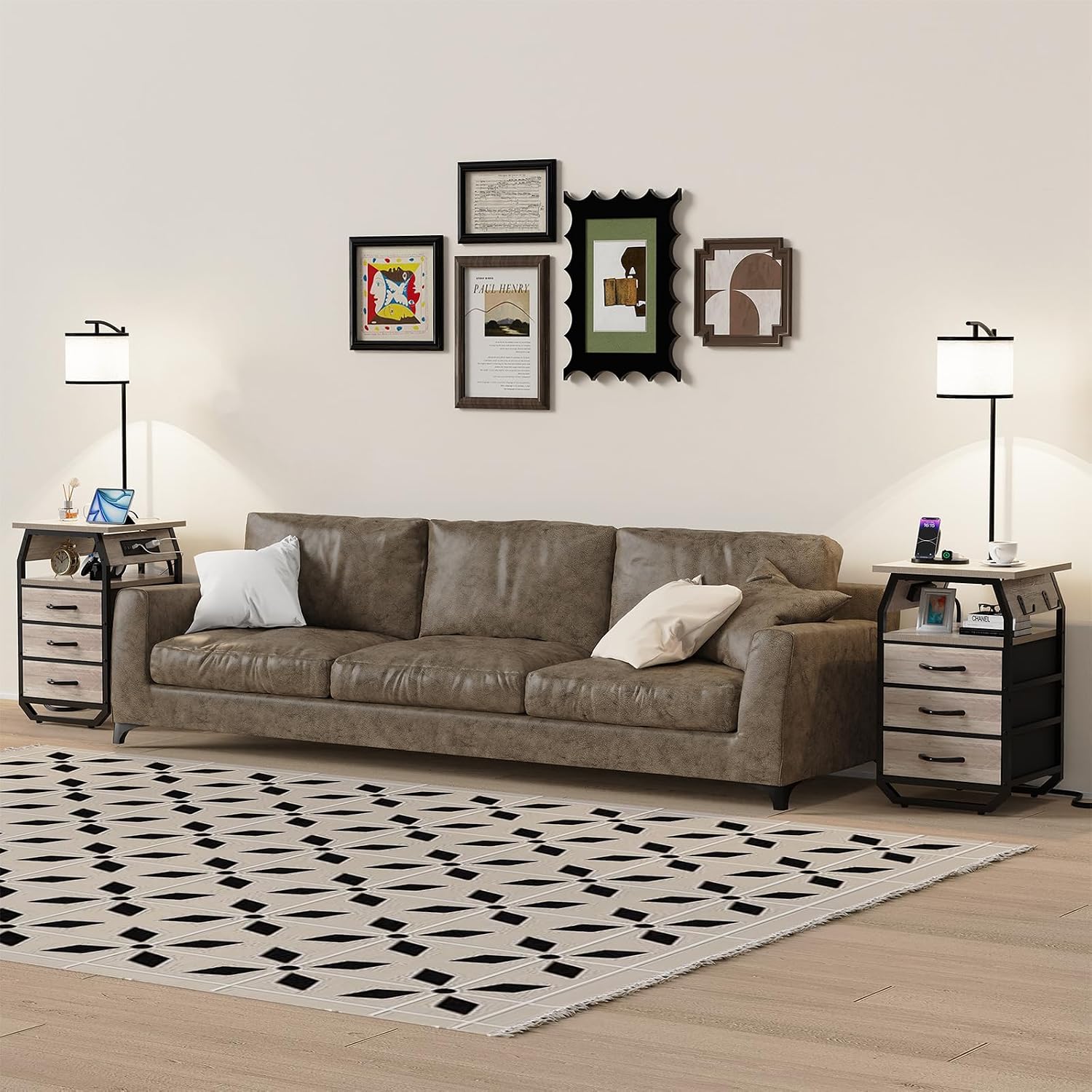 runjuly Floor Lamp with Table Set of 2, End Tables with Lamps Attached 3-Color Temperature Bulb, Side Table with Lamp with 3 Drawers & Charging, Lamps Tables Combo for Bedroom, Dorm Apartment - Greige
