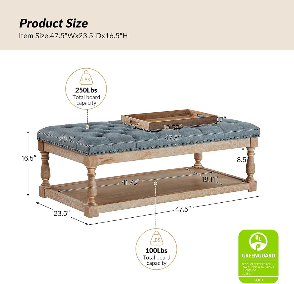 HULALA HOME Rectangle Ottoman Coffee Table with Tray, Tufted Living Room Ottoman with Solid Wood Storage Shelf, Blue