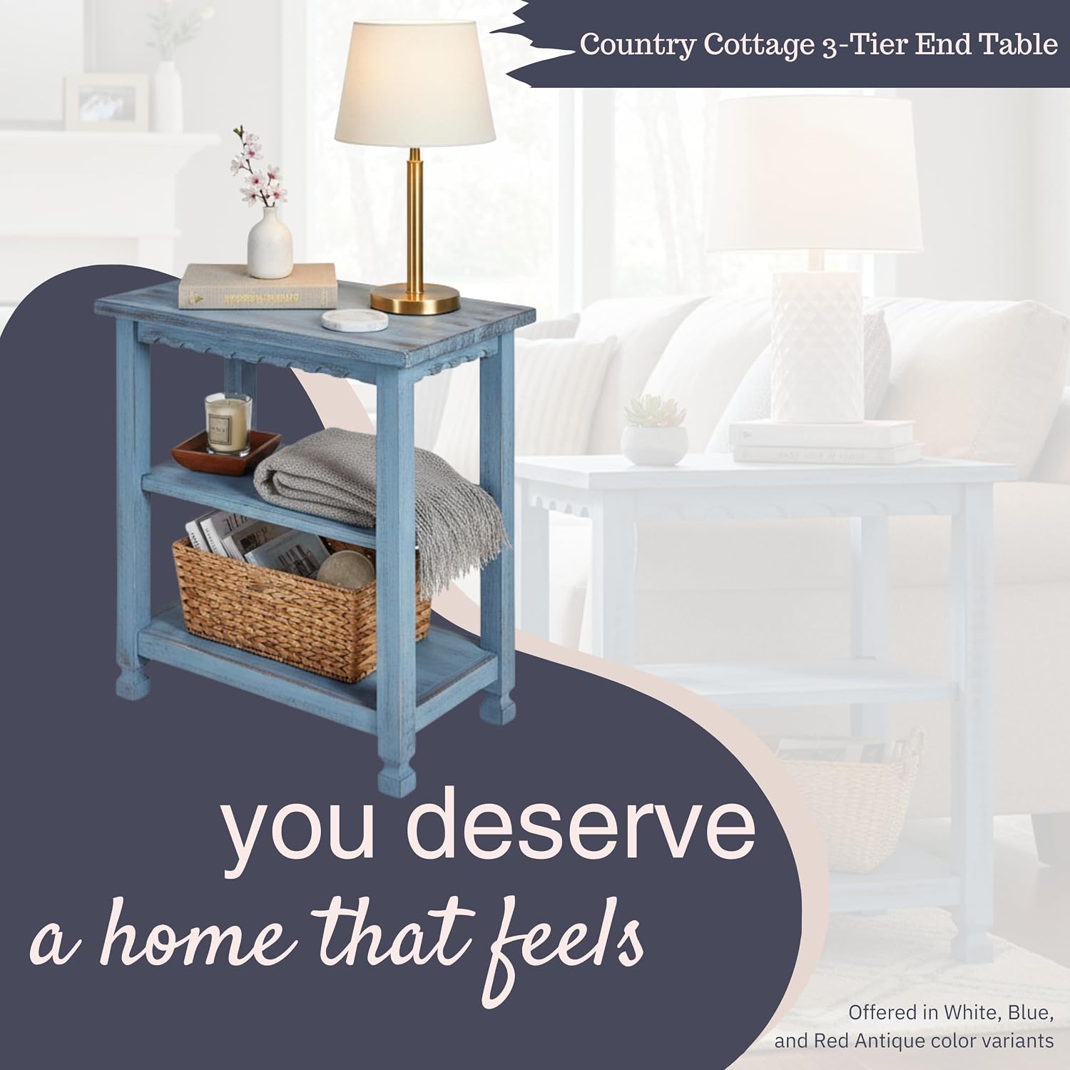 Alaterre Furniture Country Cottage Rustic Farmhouse Nightstand – 3-Tier Narrow End Table with Weathered Faded Finish, Carved Edges, & Turned Legs (Distressed Antique Blue)