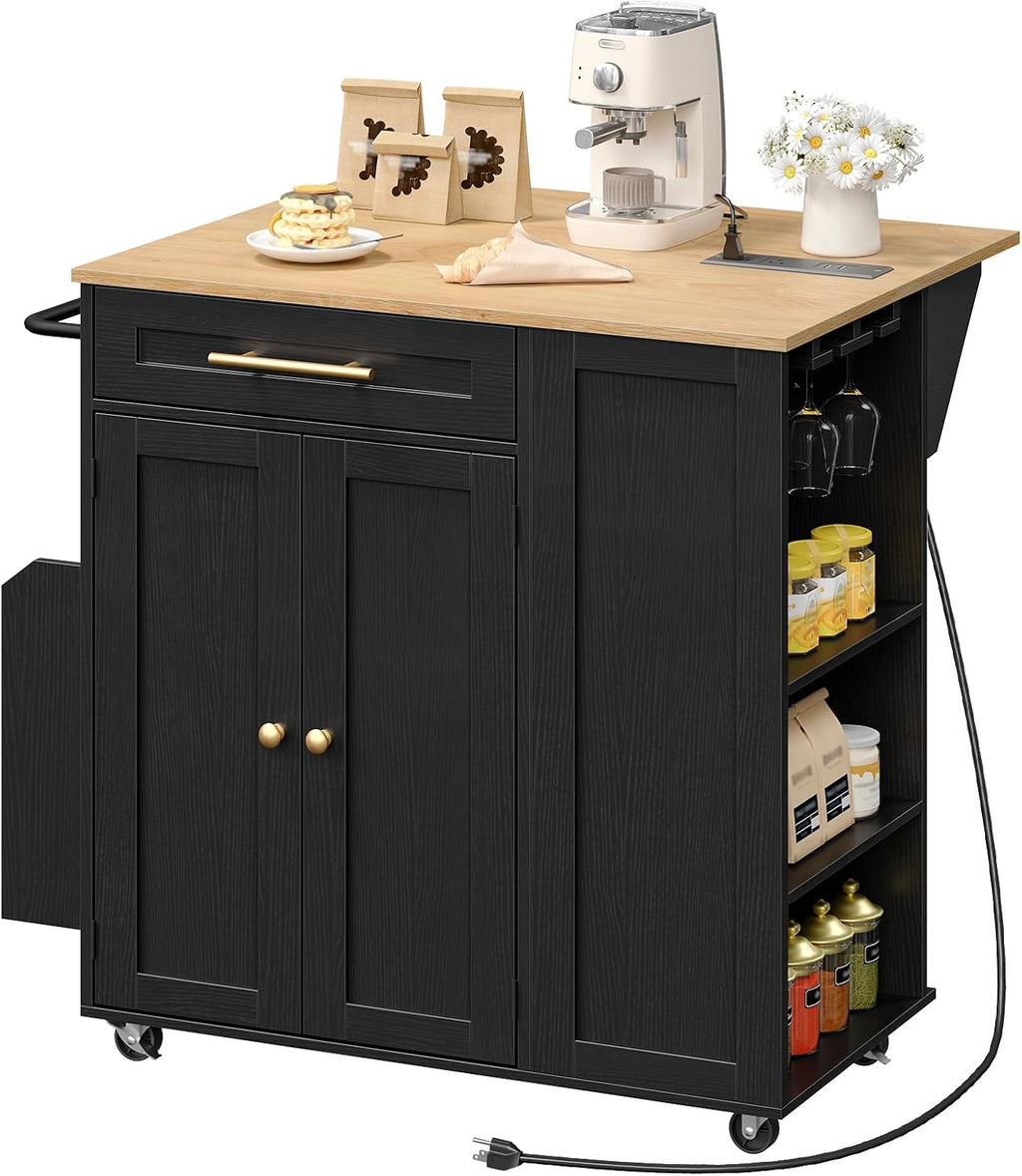 Kitchen Island with Storage, Rolling Kitchen Table with Drop Leaf, Charging Station, 3 Open Adjustable Shelf & Drawer, Towel Rack, Mobile Kitchen Cart for Dining Room, Black and Natural