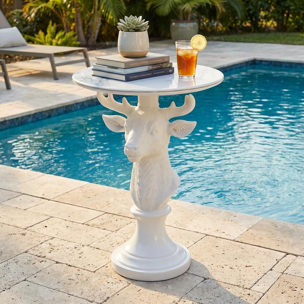 Modern Accent TableLiving Room White Deer Statue Contemporary‌ Faux Marble Night Stand Side Table with White Deer Base Reception Area & Bedroom（Width 19.69' ——Tall 25.59'）