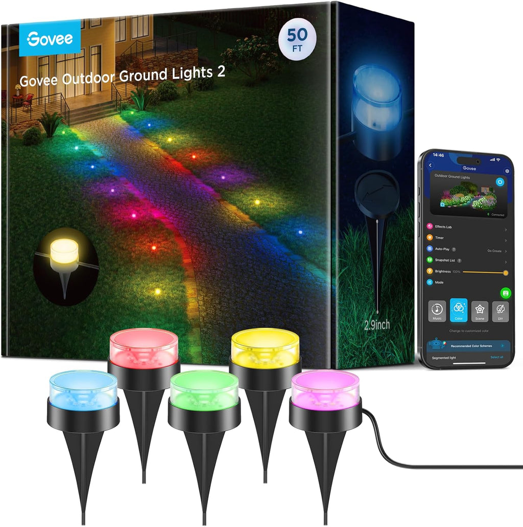 Govee Outdoor Ground Lights 2, 50ft Patio Decorations, 15 Pack RGBIC Pathway Lights with 100LM Warm White, IP67 Waterproof, 63 Scene Modes, Works with Alexa, Google Assistant