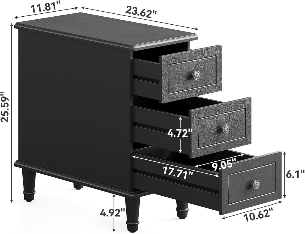 LITTLE TREE Fully Assembled End Table, Set of 2, Narrow Bedside Table with 3 Drawers, Vintage Nightstand for Small Spaces, Living Room, Bedroom, Black