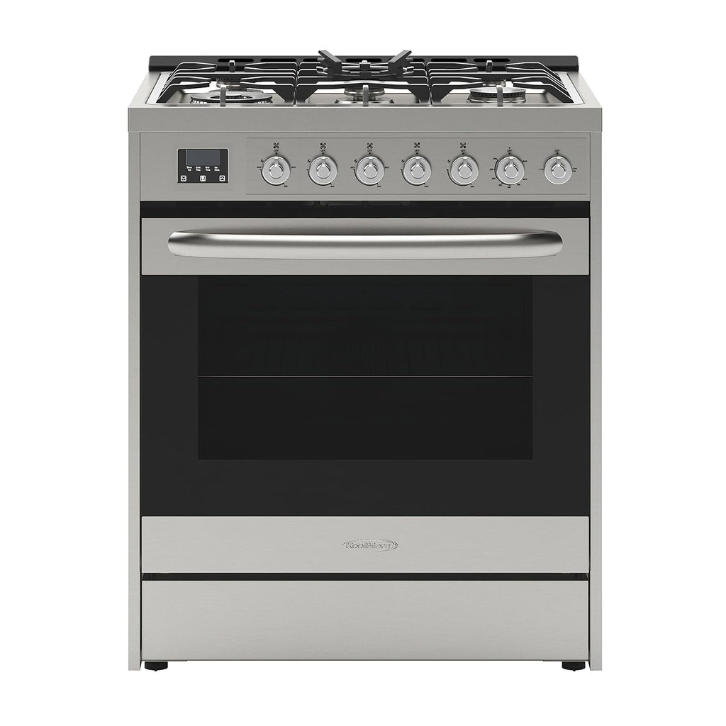 KoolMore 30' Inch Professional Gas Range Stove with 5 Burner Cooktop, Rapid Convection Oven, and Digital Timer with Heavy-Duty Cast Iron Grates, Stainless-Steel Appliance (KM-FR30G-SS),Silver