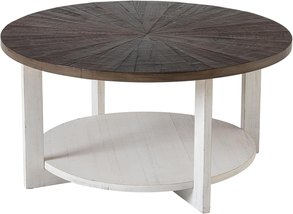 Round Wood Coffee Tables with Storage, Rustic Farmhouse Coffee Table with Distressed Wood Top, Large Circle Table for Living Room, Brown, 32Dx32Wx19.5H in
