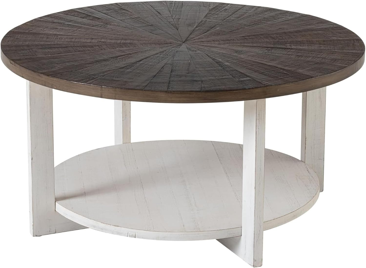 Round Wood Coffee Tables with Storage, Rustic Farmhouse Coffee Table with Distressed Wood Top, Large Circle Table for Living Room, Brown, 32Dx32Wx19.5H in