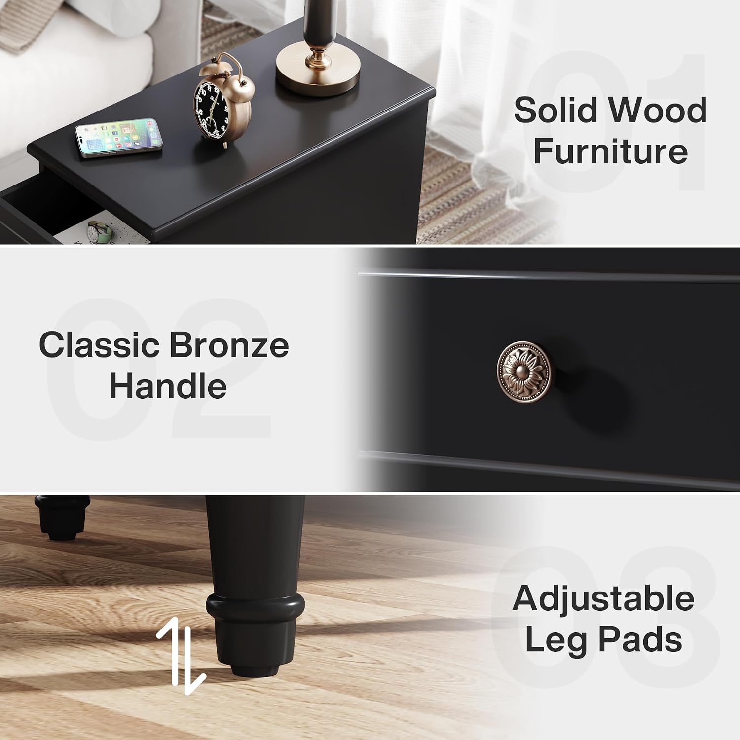 Tribesigns Solid Wood End Table Set of 2, Fully Assembled Narrow Side Table with Drawers, Pre-Assembled Nightstand Slim Bedside Table for Small Spaces, Living Room, Bedroom, Black