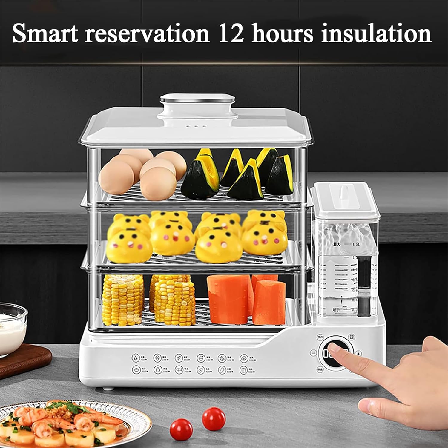 3-Tier Electric Food Steamer with Touch Screen, 12H Timer, Independent Water Tank - Ideal for Healthy Cooking, Vegetables, Rice, and Seafood - Compact & Efficient Kitchen Appliance