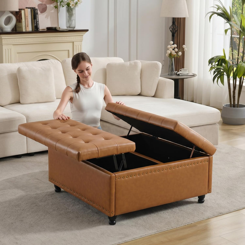 Tbfit Large Square Storage Ottoman Bench, Tufted Upholstered Coffee Table Ottoman with Lift Top & Wooden Legs, Oversized Storage Ottomans Toy Box for Living Room (Camel PU)