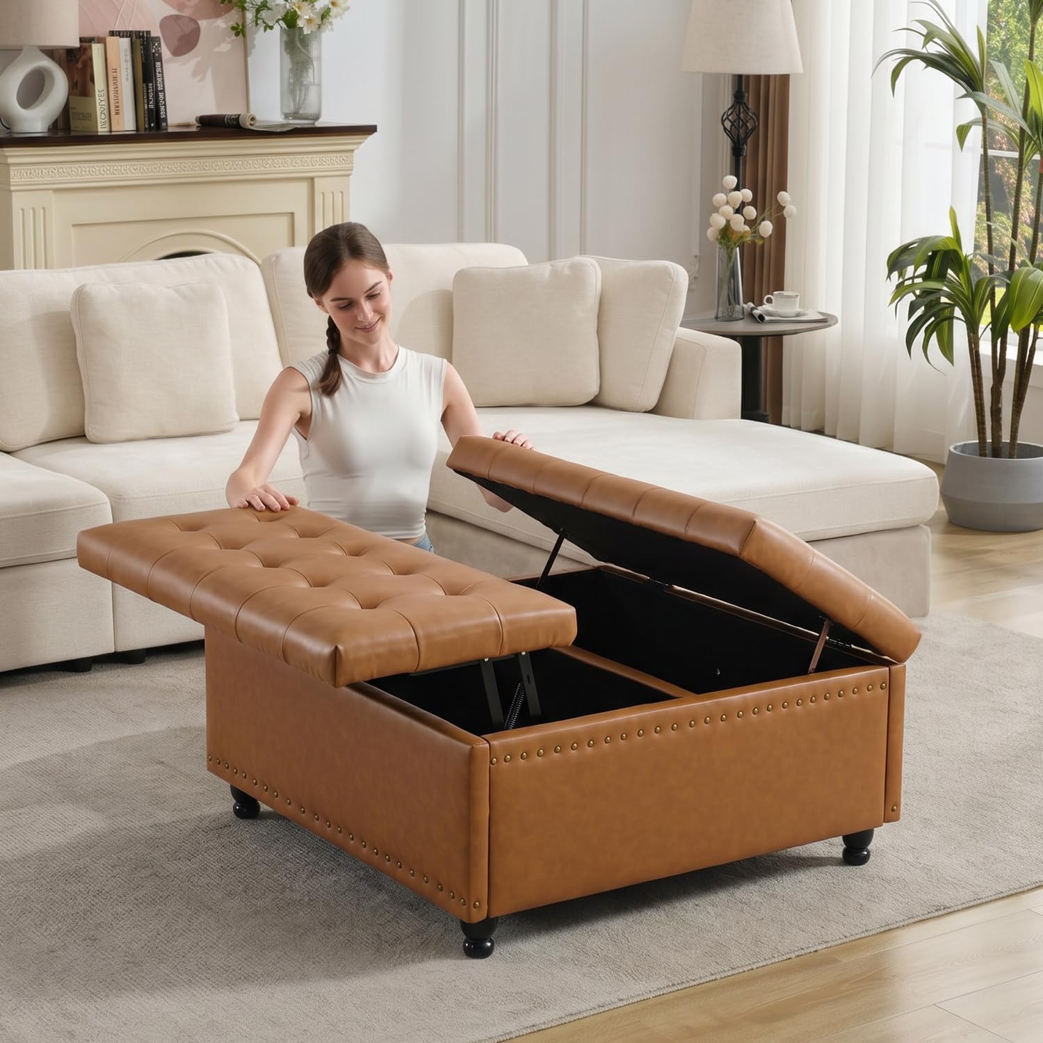 Tbfit Large Square Storage Ottoman Bench, Tufted Upholstered Coffee Table Ottoman with Lift Top & Wooden Legs, Oversized Storage Ottomans Toy Box for Living Room (Camel PU)