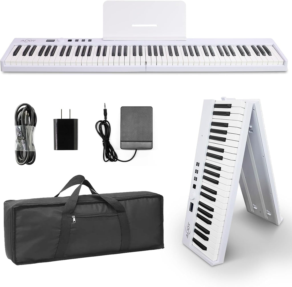 AiJoy 88-Key Piano Keyboard with Semi-Weighted Keys Portable Folding Piano, 128 Tones, Speakers, USB-MIDI, Carry-Bag, Sustain Pedal, Stand Electric Keyboard Piano for Beginners, White