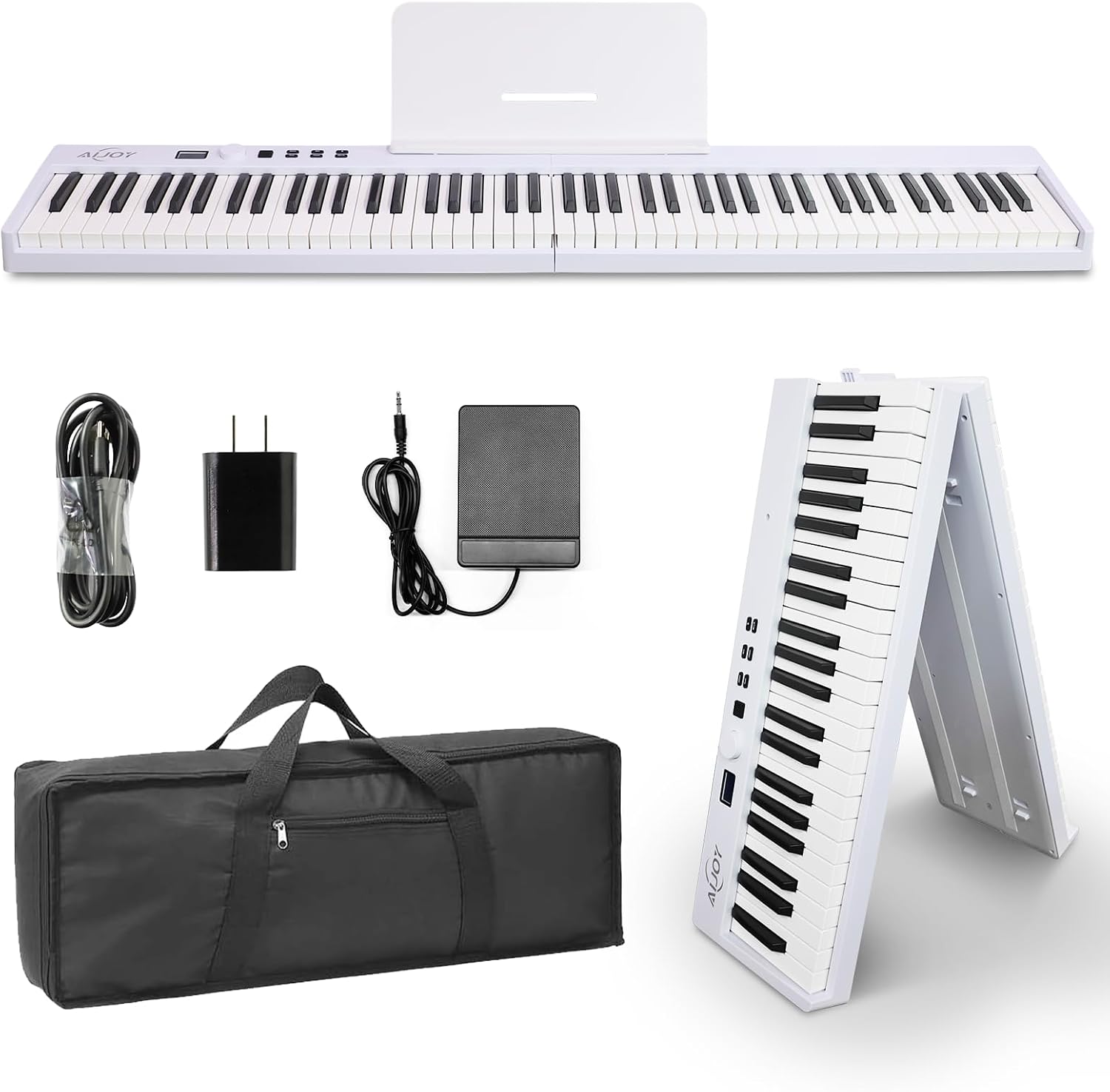 AiJoy 88-Key Piano Keyboard with Semi-Weighted Keys Portable Folding Piano, 128 Tones, Speakers, USB-MIDI, Carry-Bag, Sustain Pedal, Stand Electric Keyboard Piano for Beginners, White