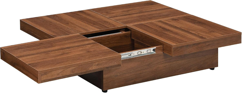 Merax Coffee Table, Modern Extendable Coffee Table with 4 Hidden Storage Compartments, UV High-Gloss Square Center Cocktail Table with Sliding Tabletop for Living Room, 39.4'x 39.4' (Walnut)