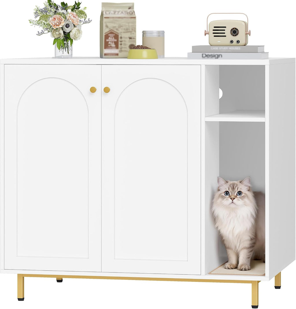 Hzuaneri Extra Large Cat Litter Box Enclosure, Automatic Litter Box Furniture with Scratch Pad, Wooden Modern Self-Cleaning Cat Cabinet with Storage, Cat Washroom, End Table, White and Gold CB87103G