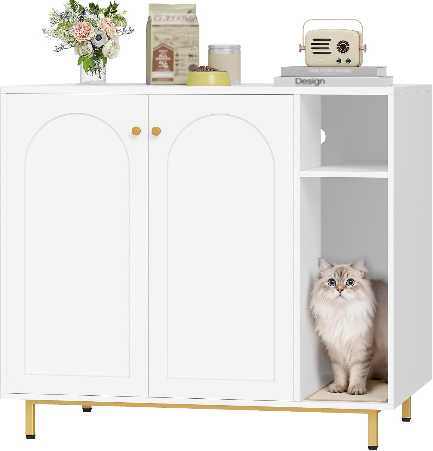 Hzuaneri Extra Large Cat Litter Box Enclosure, Automatic Litter Box Furniture with Scratch Pad, Wooden Modern Self-Cleaning Cat Cabinet with Storage, Cat Washroom, End Table, White and Gold CB87103G