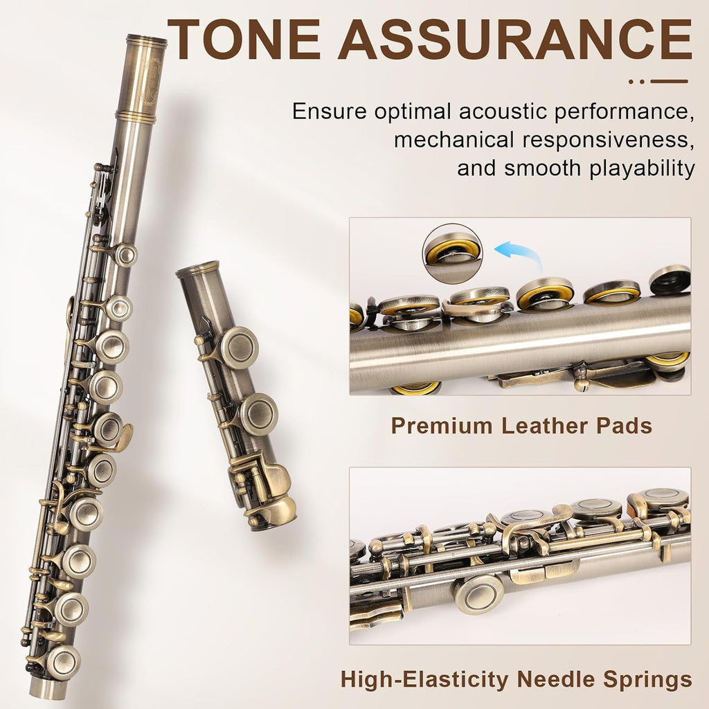 Kmise Closed Hole C Flute, Responsive Flute Instrument, Premium and Durable Flutes with Gig Bag, Collapsible Stand, Beginner's Guide, Cleaning Kit - Effortless for Beginners, Students (Bronze)