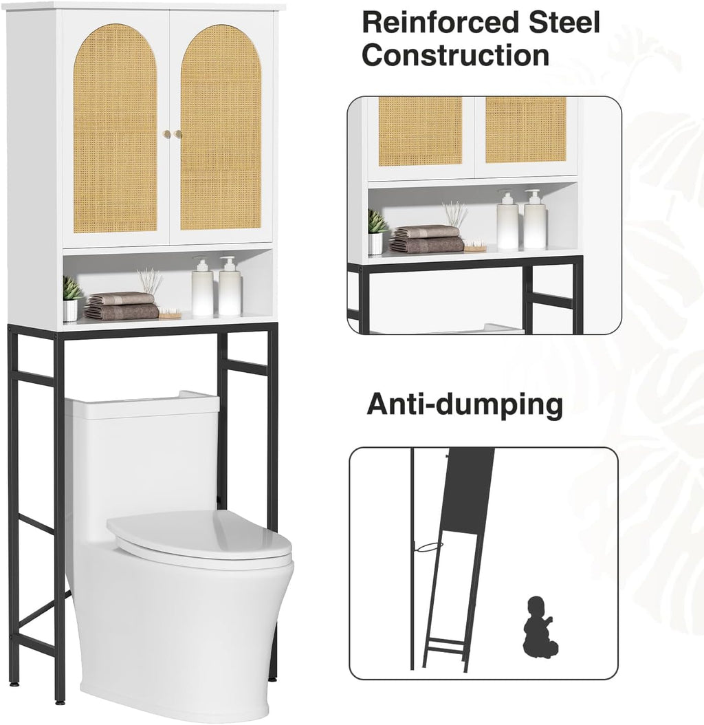 Rattan Over The Toilet Storage Cabinet, Bathroom Organizers and Storage Over Toilet with Rattan Door and Metal Stand, Tall Storage Shelves Above Toilet, Wood Rack for Restroom, Laundry, White