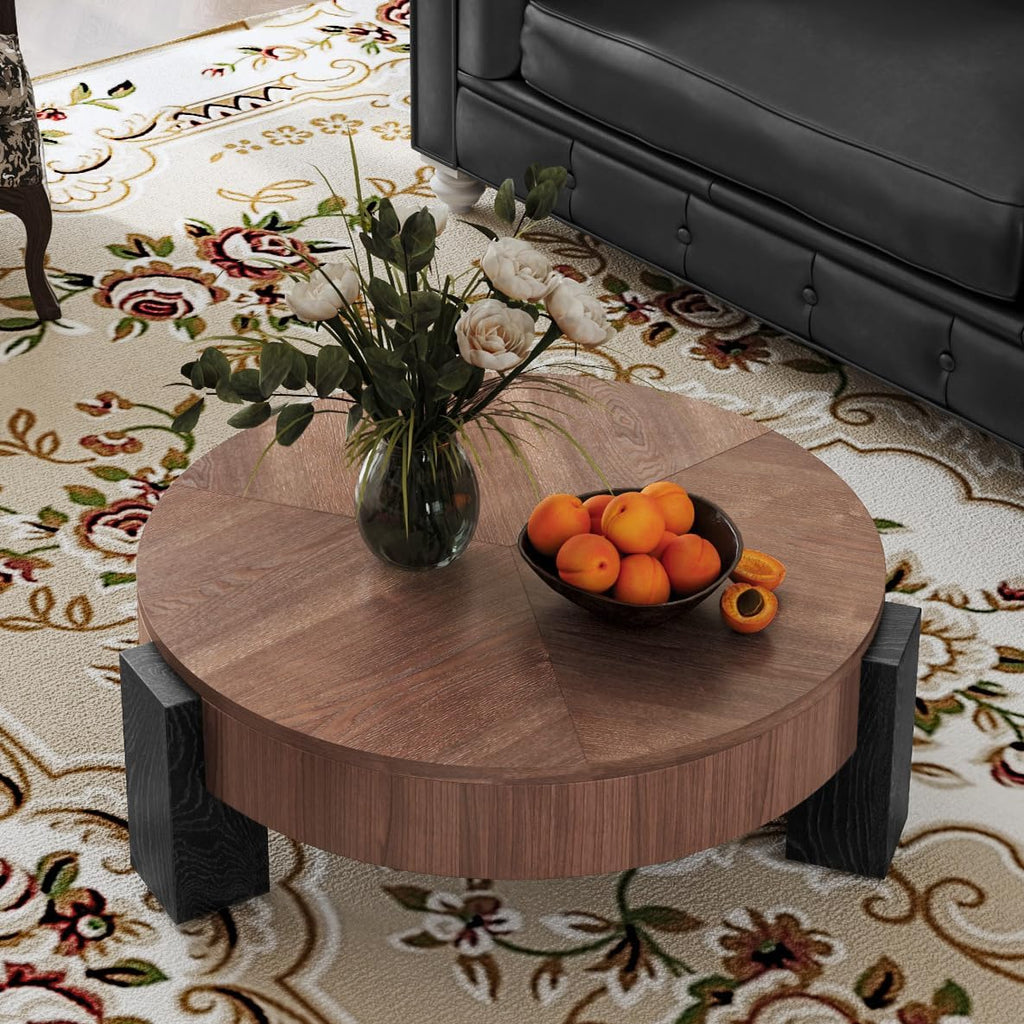 33'' Round Coffee Table with Hidden Storage, Modern Wood Veneer Top, 3 Block Legs Sturdy Center Accent Table for Living Room, Small Space, Walnut & Black