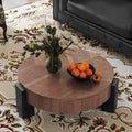 33'' Round Coffee Table with Hidden Storage, Modern Wood Veneer Top, 3 Block Legs Sturdy Center Accent Table for Living Room, Small Space, Walnut & Black