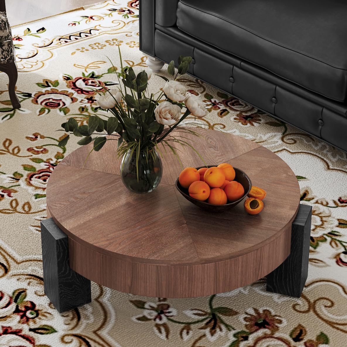 33'' Round Coffee Table with Hidden Storage, Modern Wood Veneer Top, 3 Block Legs Sturdy Center Accent Table for Living Room, Small Space, Walnut & Black