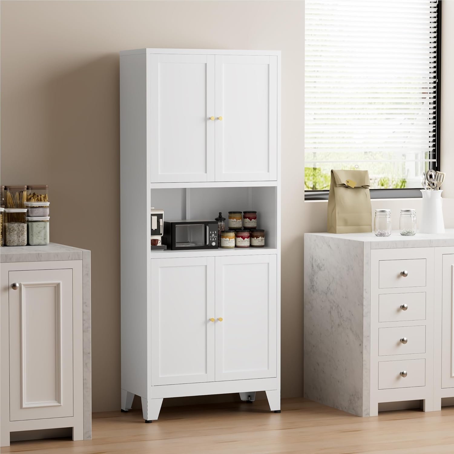 COFaR 69' Tall Modern Kitchen Pantry,Metal Storage Cabinet with Adjustable Shelves,Pantry Cabinet with 6-Tier,Freestanding Cupboard for Kitchen,Dining Room,Living Room,Bathroom,White