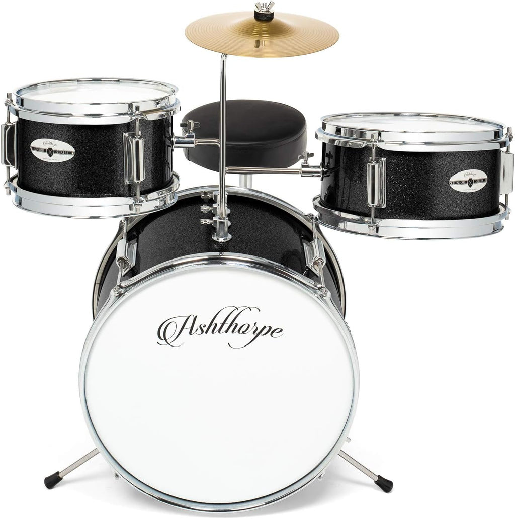 Ashthorpe 3-Piece Complete Drum Set - Beginner Kit with 14' Bass, Adjustable Throne, Cymbal, Pedal & Drumsticks - Black